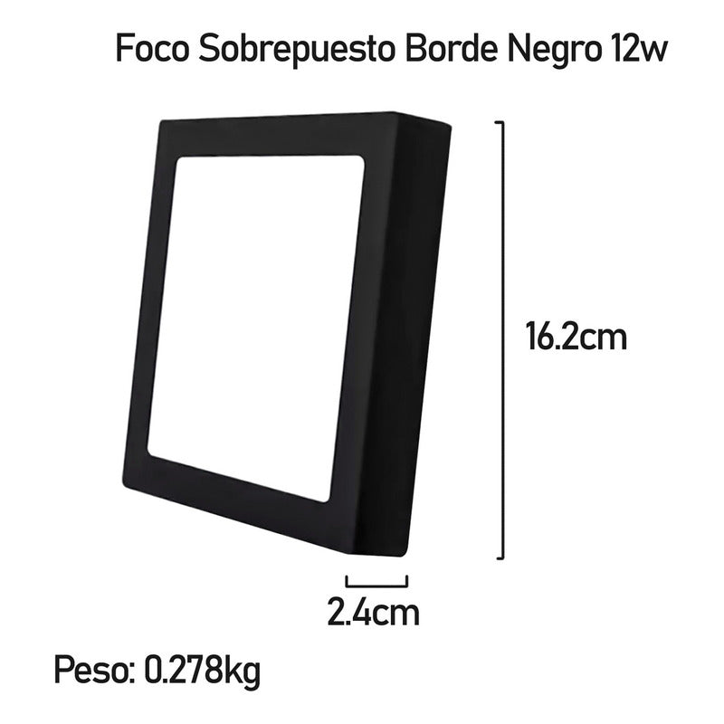 20 Foco Plafon Sobrepuesto Cuadrado 12w Luz Calida B. Negro