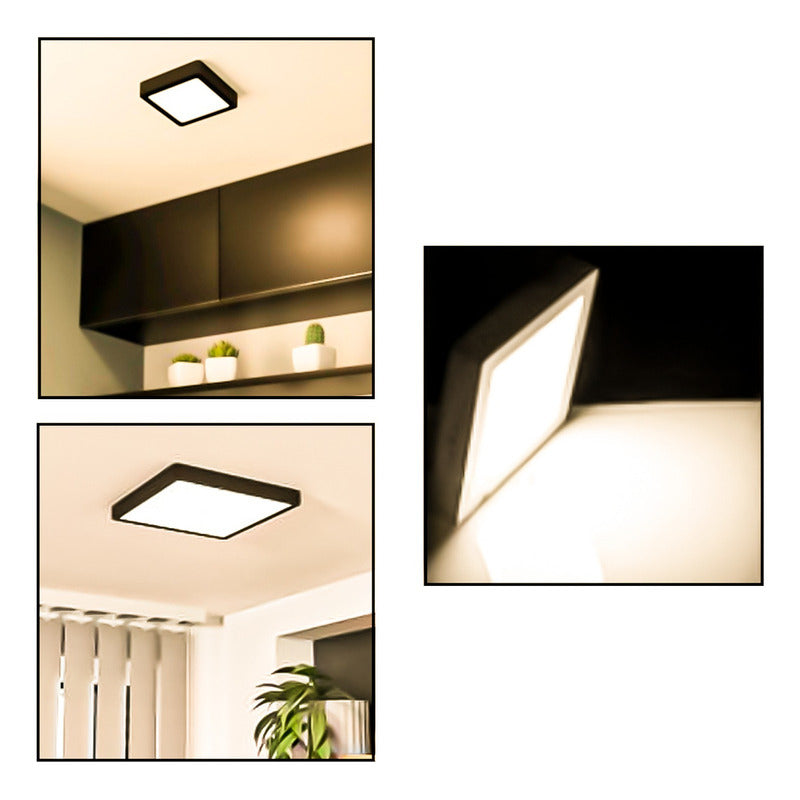 5 Foco Plafon Sobrepuesto Cuadrado 12w Luz Calida B. Negro