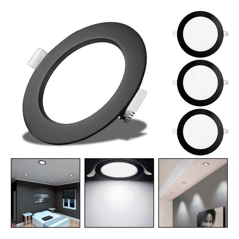 3 Foco Plafon Embutido Redondo 18w Luz Fria Borde Negro