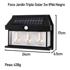 Farol Solar Aplique Pared 3 Ampolletas Led Sensor Luz Calido