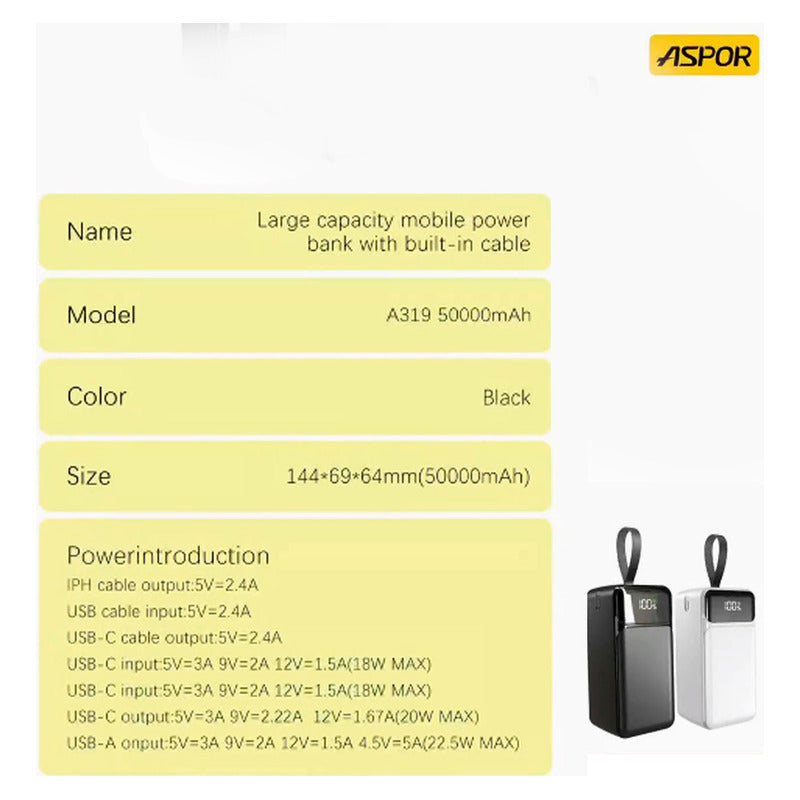 Cargador Bateria Portatil 50000mah Powerbank Multipuertos Aspor