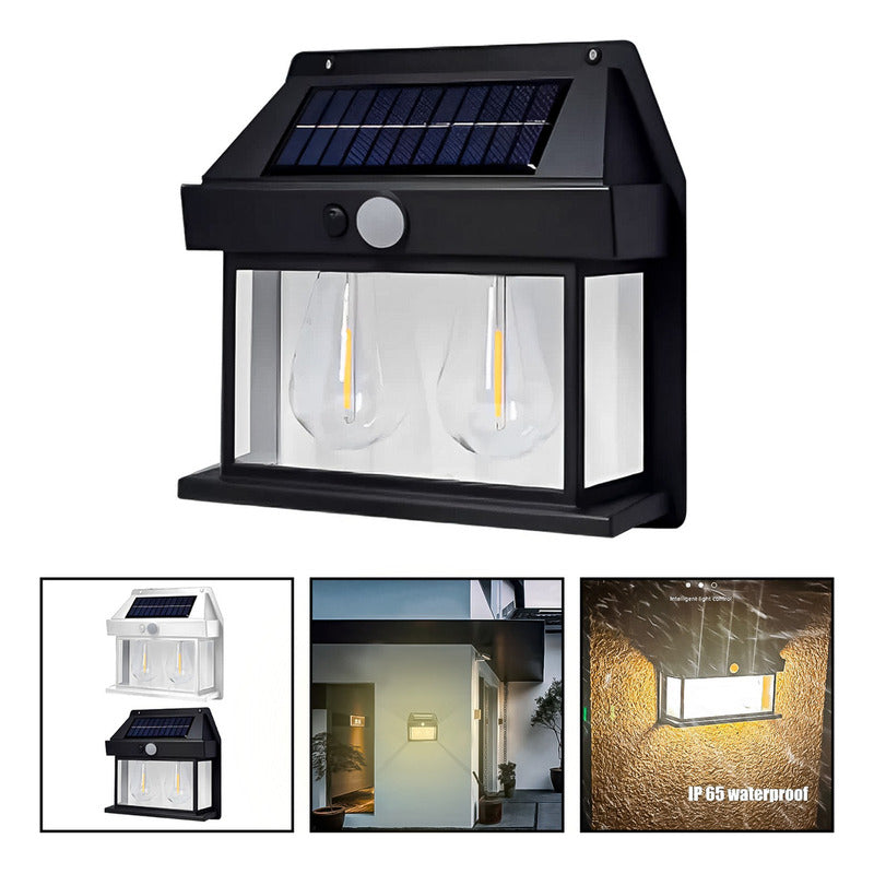 3 Farol Solar Aplique Pared 2 Ampolletas Led Sensor Luz Calida Jardin