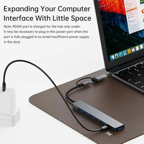 Hub Usb 7 En 1 Adaptador Usb C Puertos Usb3.0/5w Pd/usb-c Mac Multipuertos