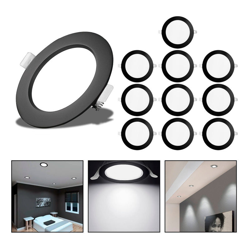 10 Foco Plafon Embutido Redondo 12w Luz Fria Borde Negro