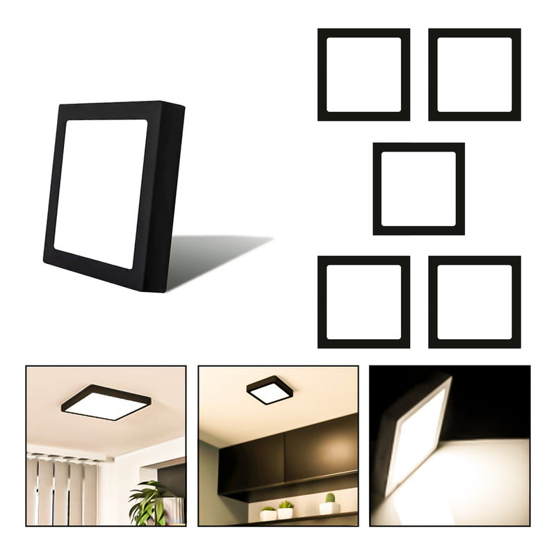 5 Foco Plafon Sobrepuesto Cuadrado 12w Luz Calida B. Negro
