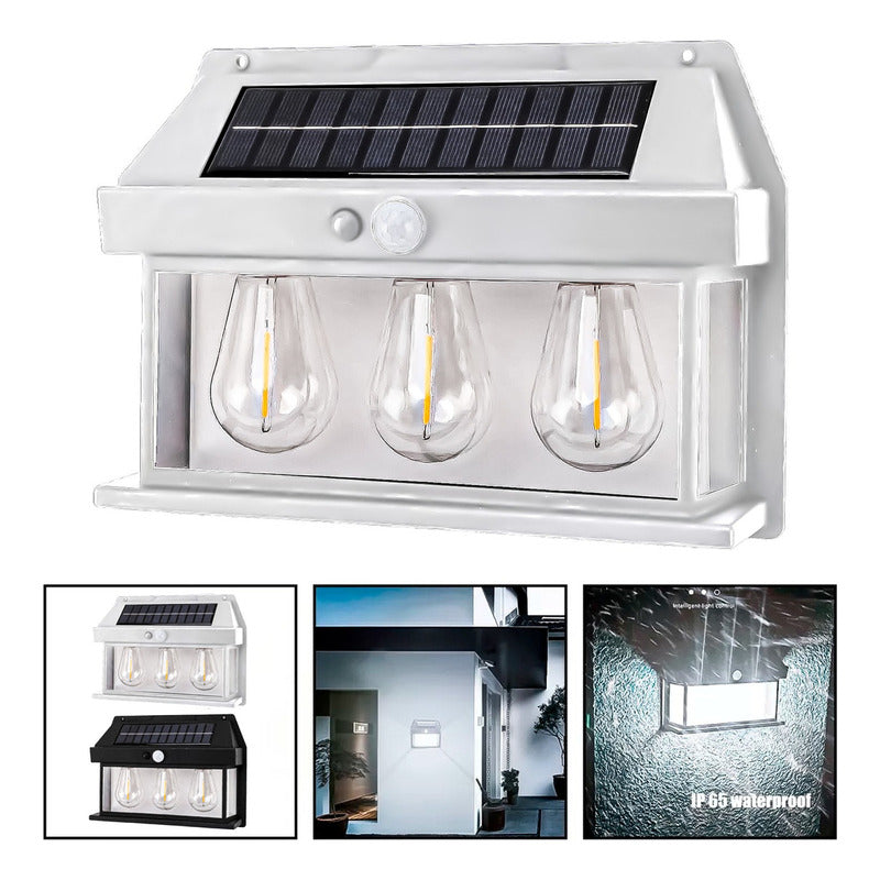 3 Farol Solar Aplique Pared 3 Ampolletas Led Sensor Luz Fría