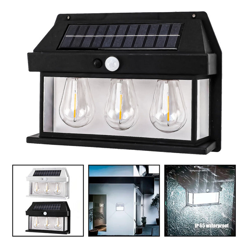 3 Farol Solar Aplique Pared 3 Ampolletas Led Sensor Luz Fría