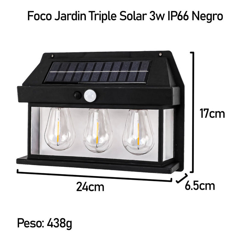 3 Farol Solar Aplique Pared 3 Ampolletas Led Sensor Luz Fría