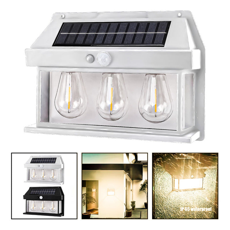 3 Farol Solar Aplique Pared 3 Ampolletas Led Sensor Luz Calida