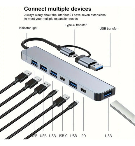 Hub Usb 7 En 1 Adaptador Usb C Puertos Usb3.0/5w Pd/usb-c Mac Multipuertos