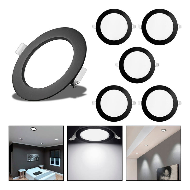 5 Foco Plafon Embutido Redondo 18w Luz Fria Borde Negro