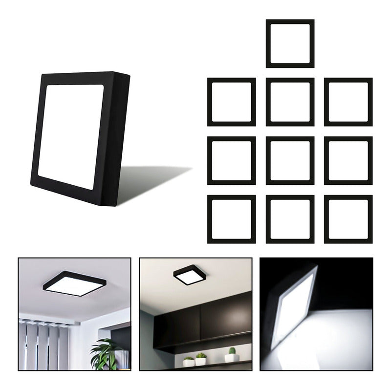 10 Foco Plafon Sobrepuesto Cuadrado 18w Luz Fria B. Negro