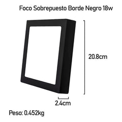 5 Foco Plafon Sobrepuesto Cuadrado 18w Luz Calida B. Negro