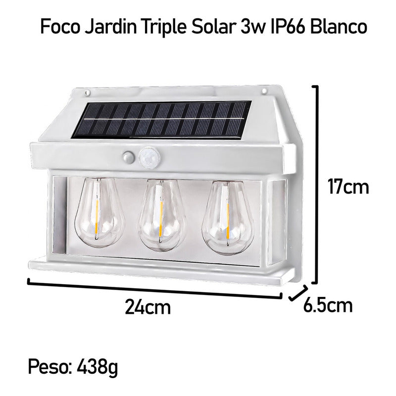 3 Farol Solar Aplique Pared 3 Ampolletas Led Sensor Luz Calida