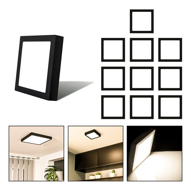 10 Foco Plafon Sobrepuesto Cuadrado 18w Luz Calida B. Negro