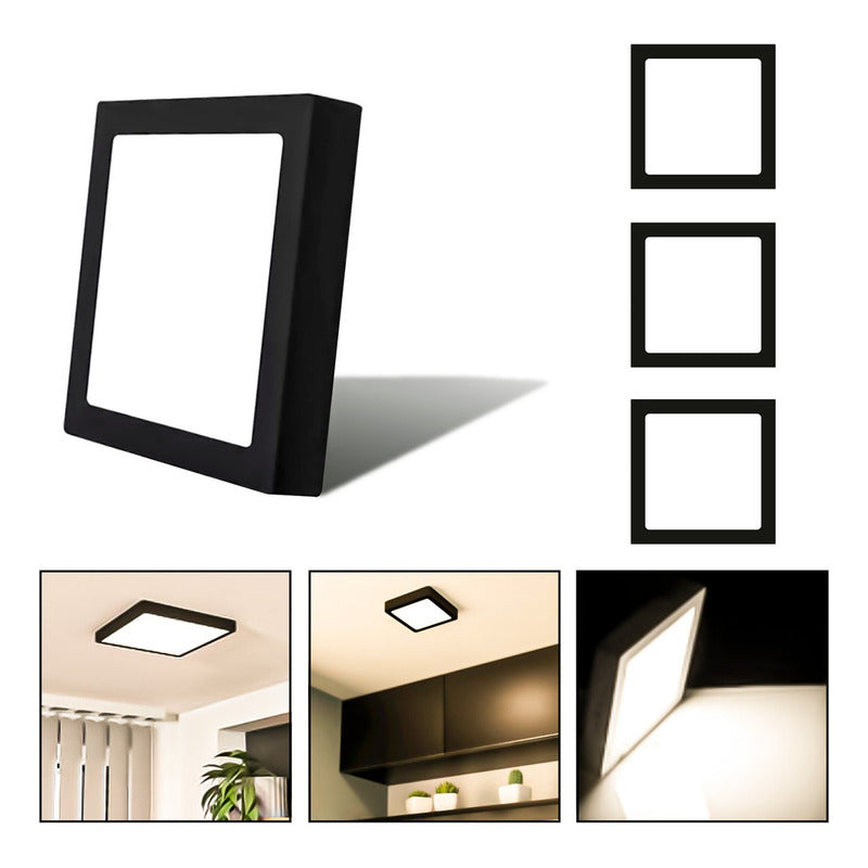 3 Foco Plafom Sobrepuesto Cuadrado 12w Luz Calida B. Negro