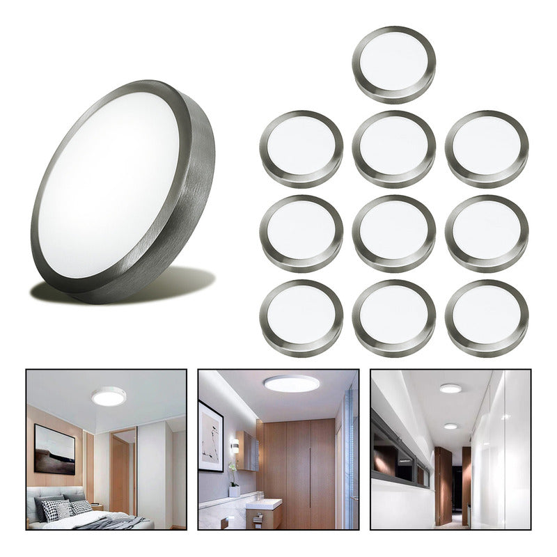 10 Foco Plafon Led Redondo Sobrepuesto 24w Luz Fria Niquel