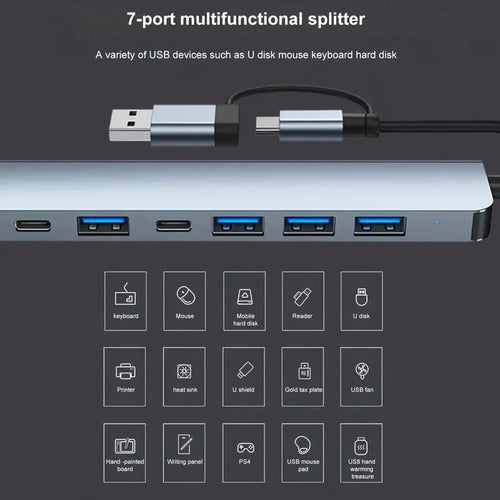 Hub Usb 7 En 1 Adaptador Usb C Puertos Usb3.0/5w Pd/usb-c Mac Multipuertos