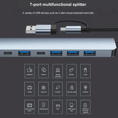 Hub Usb 7 En 1 Adaptador Usb C Puertos Usb3.0/5w Pd/usb-c Mac Multipuertos