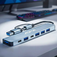 Hub Usb 7 En 1 Adaptador Usb C Puertos Usb3.0/5w Pd/usb-c Mac Multipuertos
