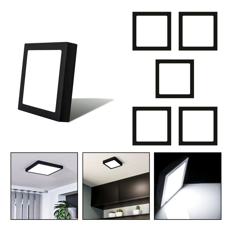 5 Foco Plafon Sobrepuesto Cuadrado 12w Luz Fria B. Negro