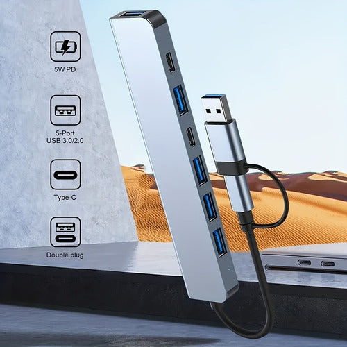 Hub Usb 7 En 1 Adaptador Usb C Puertos Usb3.0/5w Pd/usb-c Mac Multipuertos