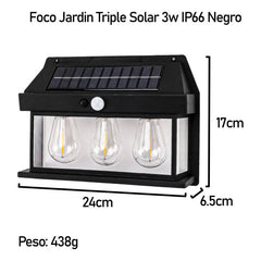 Farol Solar Aplique Pared 3 Ampolletas Led Sensor Luz Fría