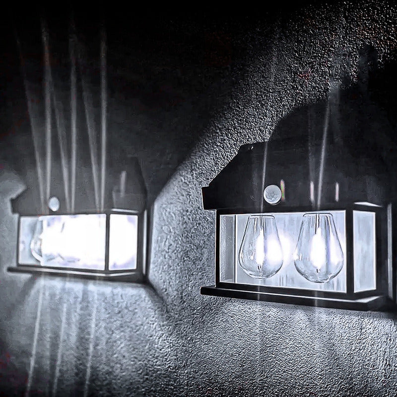 6 Farol Solar Aplique Pared 2 Ampolletas Led Sensor Luz Calida Jardin