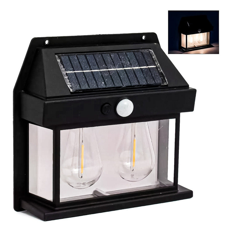 6 Farol Solar Aplique Pared 2 Ampolletas Led Sensor Luz Calida Jardin