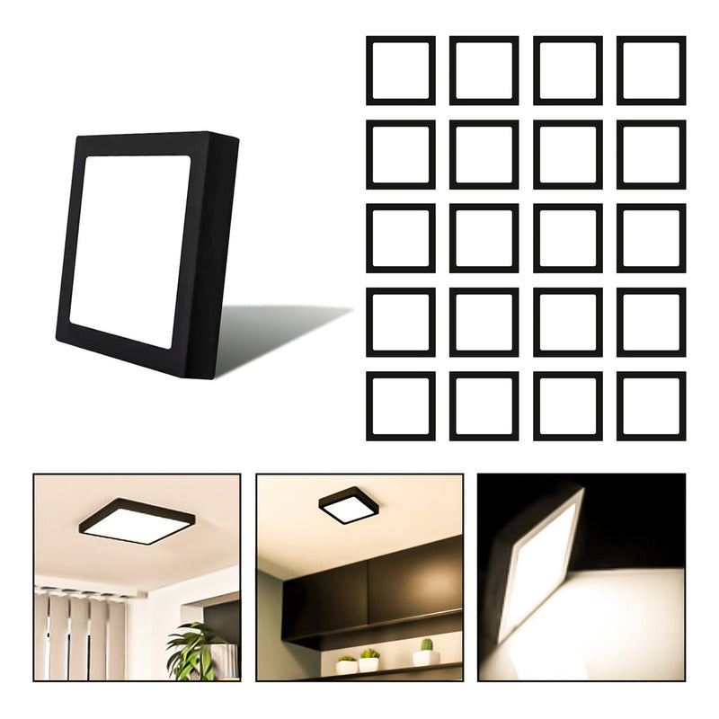 20 Foco Plafon Sobrepuesto Cuadrado 18w Luz Calida B. Negro