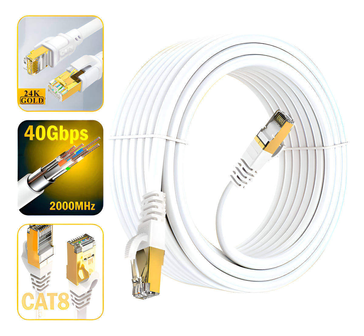 Cable De Red Cat8 Utp Oro 24k De 30mts Wifi7 40gbps Sftp