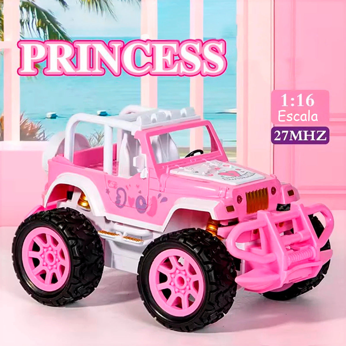 Auto Con Muñeca Jeep Control Remoto Princesas Niñas Luces Rosa