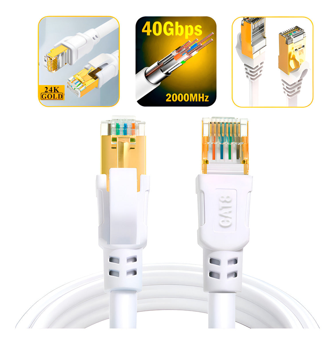 Cable De Red Cat8 Utp Oro 24k 50mts Wifi7 40gbps Sftp