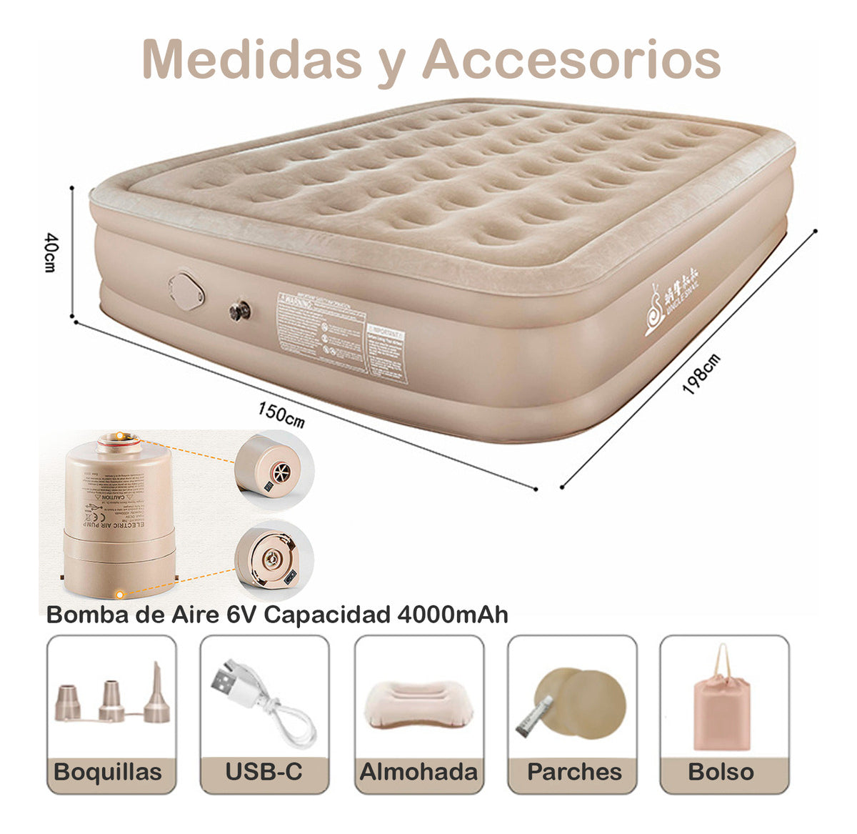 Colchón Cama Inflable Con Bomba Extraible De 2 plazas 40cm