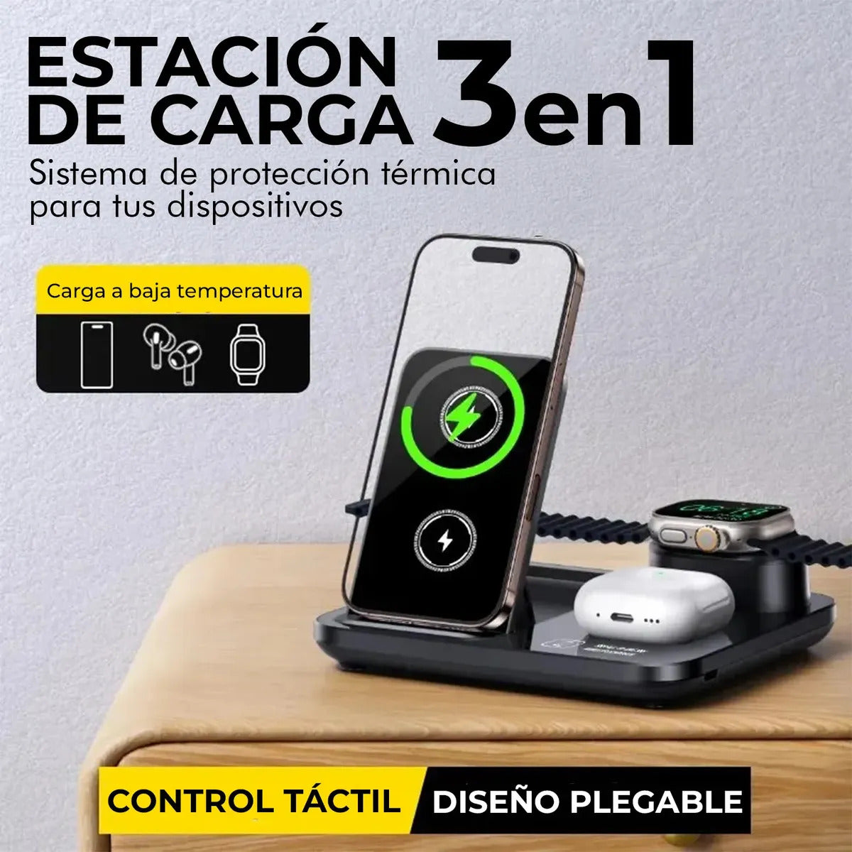 Cargador Magnetico Rapido Inalambrico 3 En 1 Portatil De 15watts