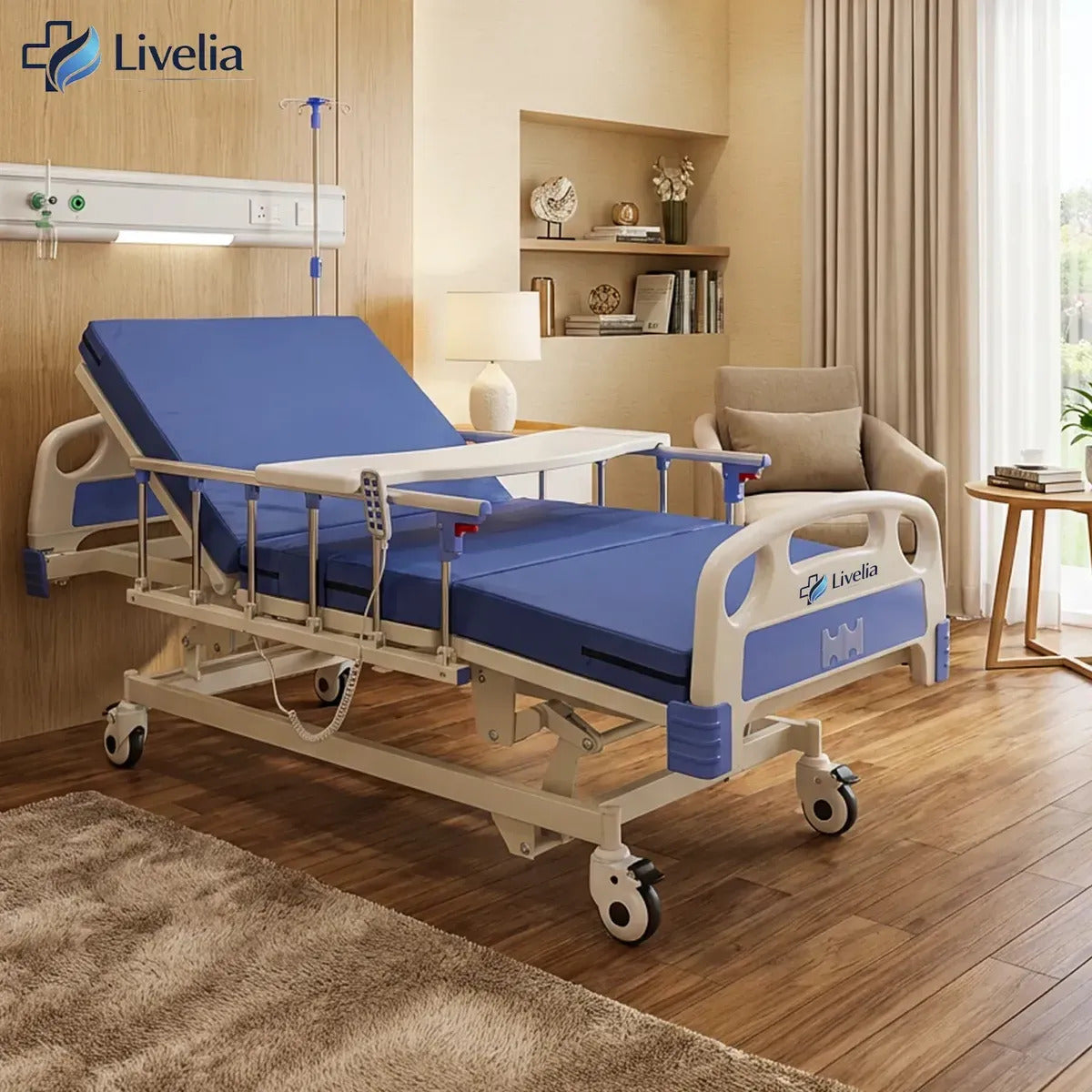 Cama Clínica Electrica Livelia Con Colchon Soporta Hasta 260kg Bandeja Auxiliar 5 Posiciones