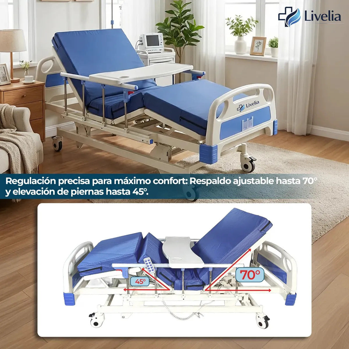 Cama Clínica Electrica Livelia Con Colchon Soporta Hasta 260kg Bandeja Auxiliar 5 Posiciones