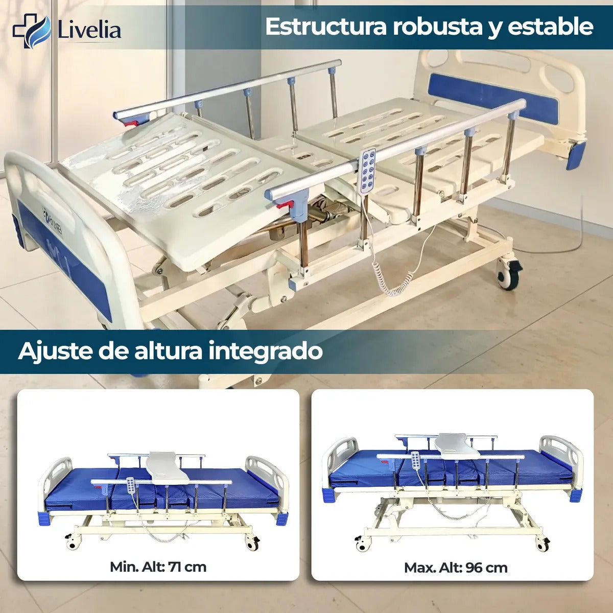 Cama Clínica Electrica Livelia Con Colchon Soporta Hasta 260kg Bandeja Auxiliar 5 Posiciones