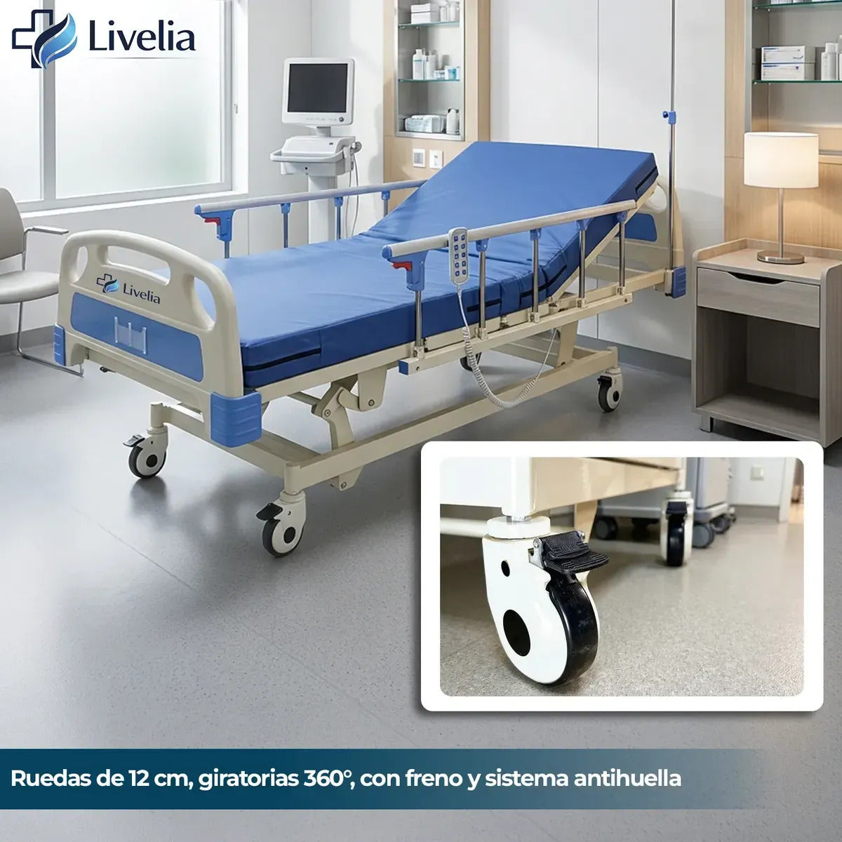Cama Clínica Electrica Livelia Con Colchon Soporta Hasta 260kg Bandeja Auxiliar 5 Posiciones