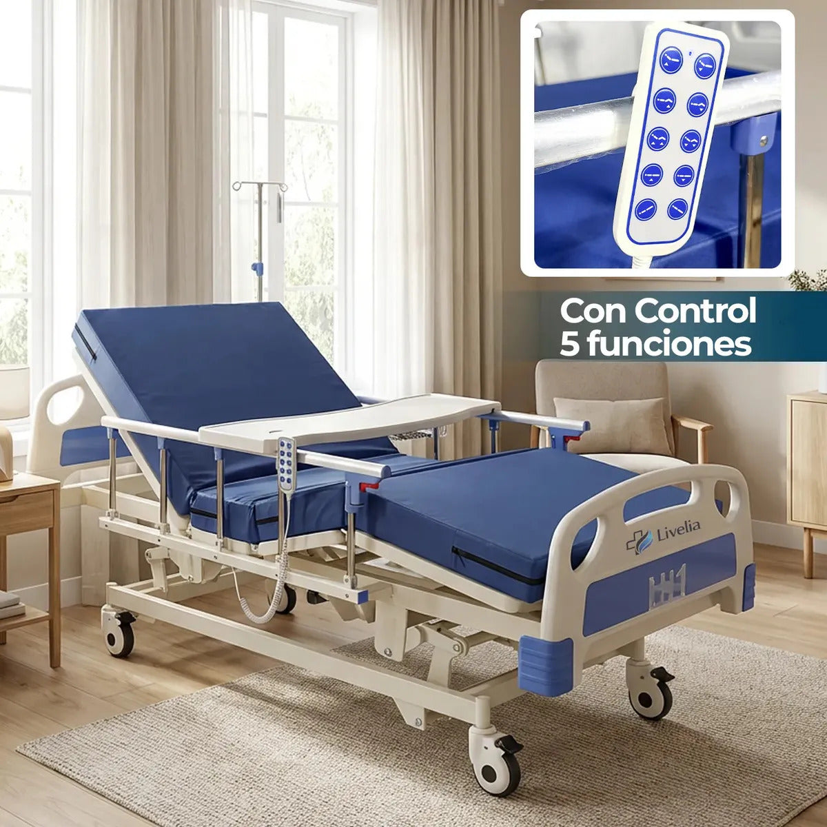Cama Clínica Electrica Livelia Con Colchon Soporta Hasta 260kg Bandeja Auxiliar 5 Posiciones