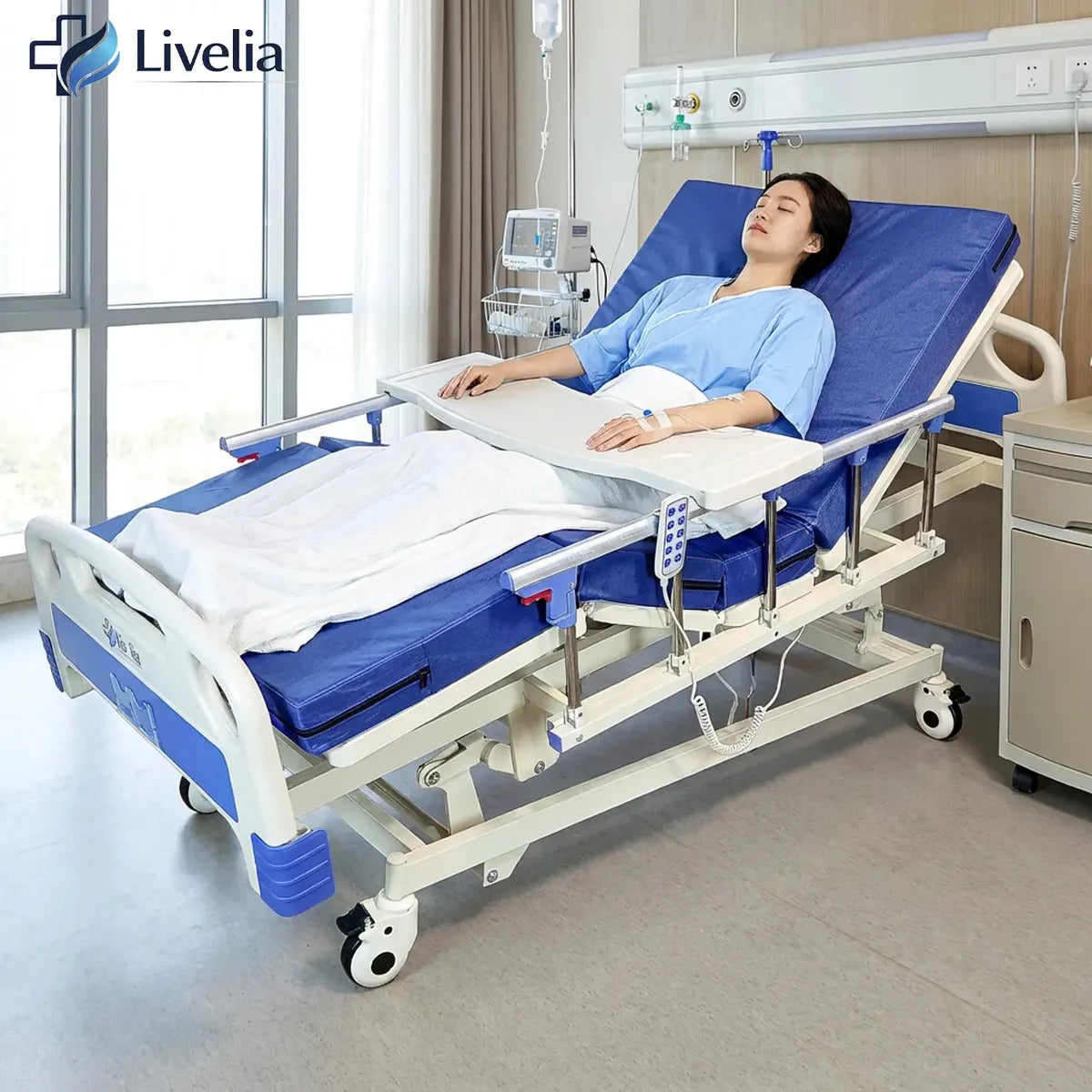 Cama Clínica Electrica Livelia Con Colchon Soporta Hasta 260kg Bandeja Auxiliar 5 Posiciones