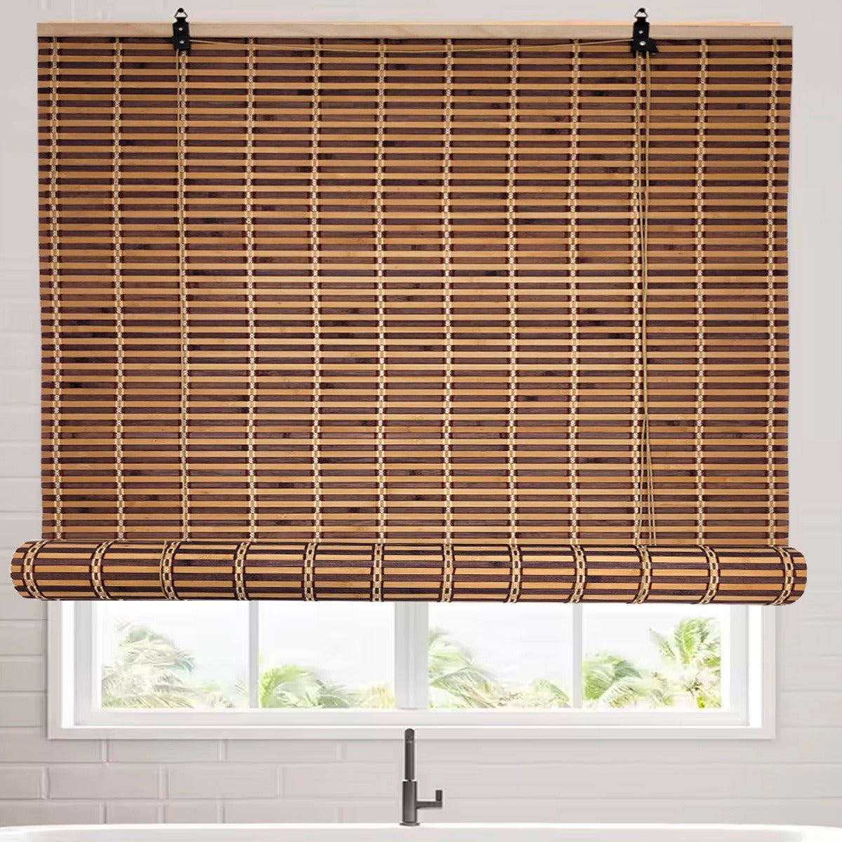 Cortina De Bambú Persiana Roller Bicolor 120x180cm Con Diseños
