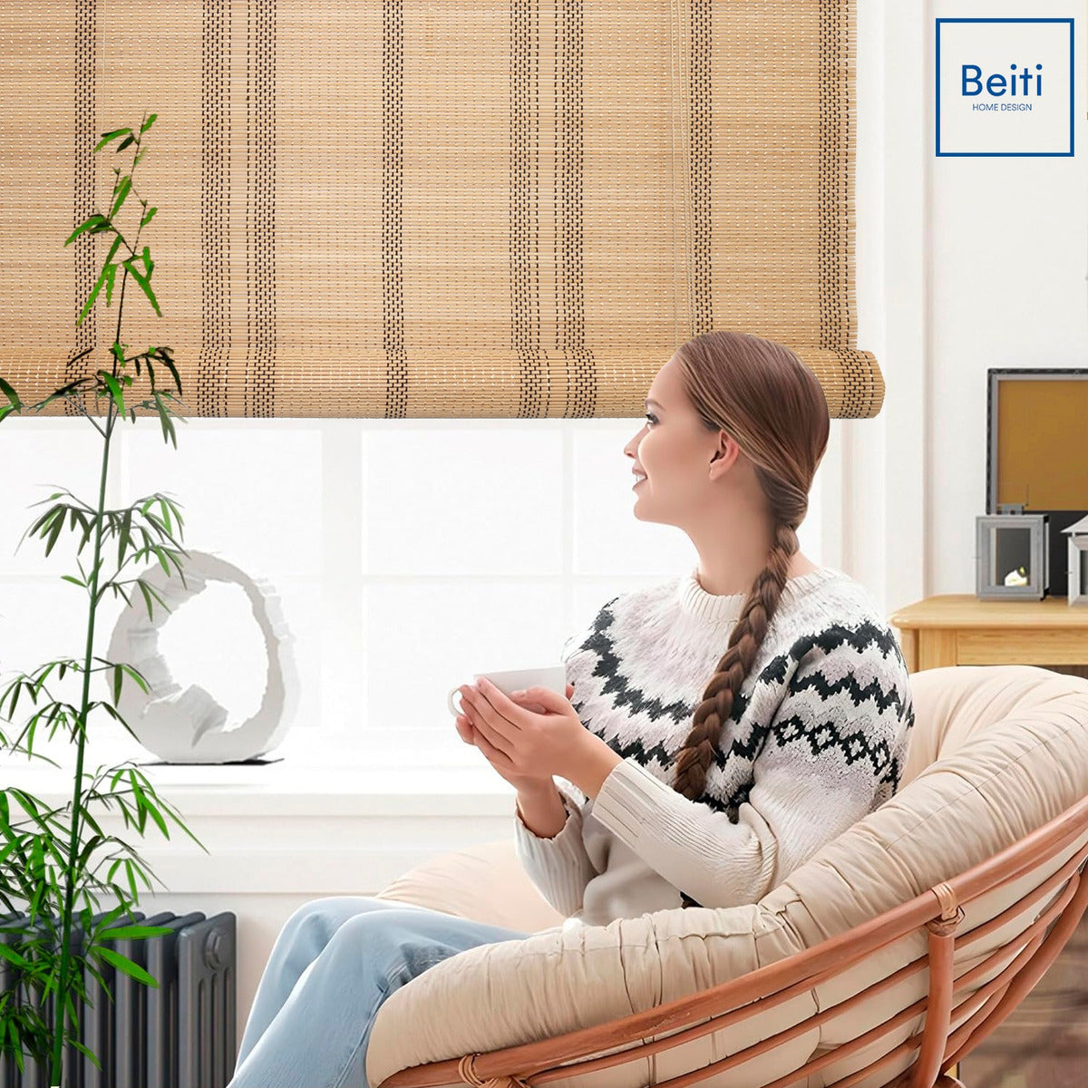Cortina De Bambú Fino Persiana Roller Enrollable 180x180cm