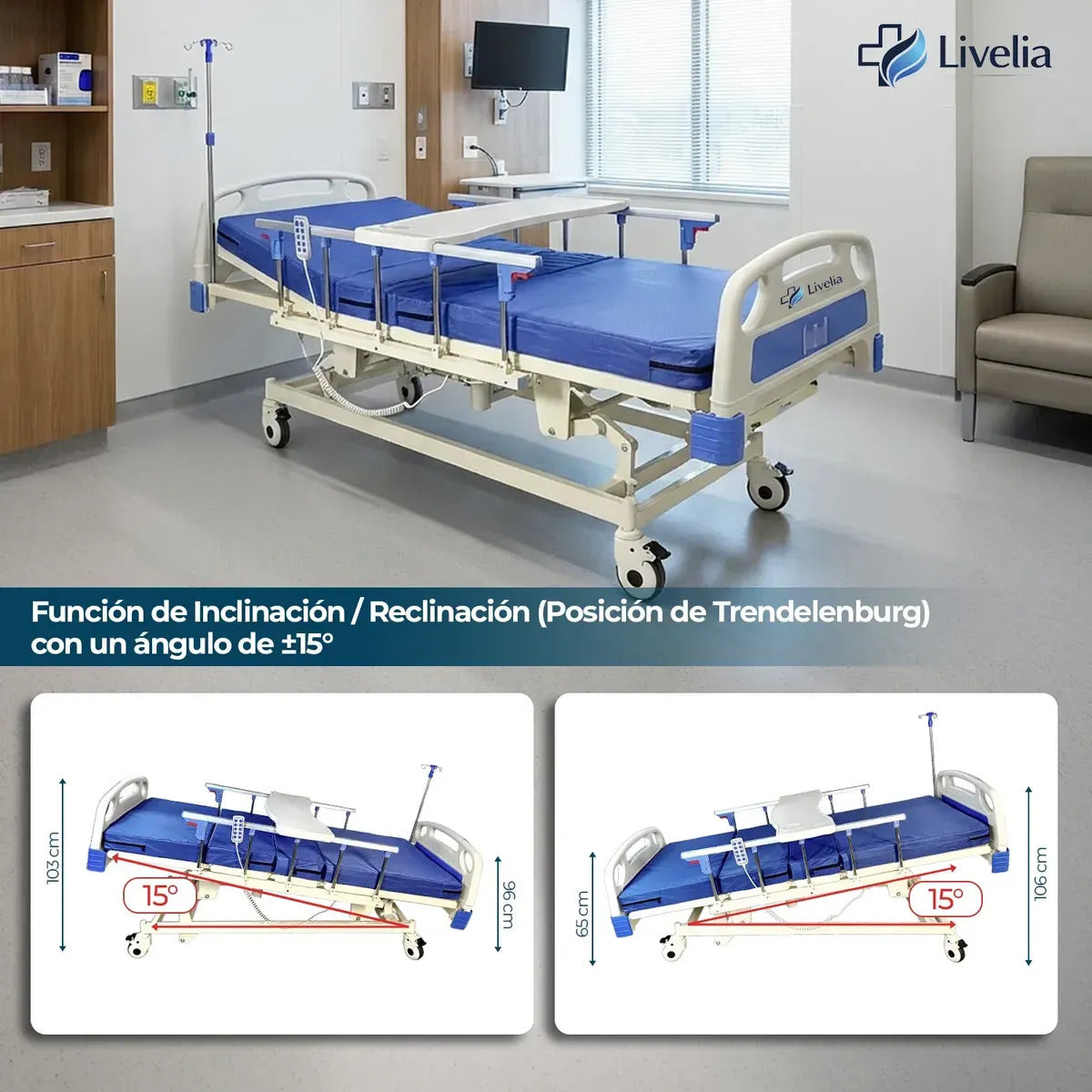 Cama Clínica Electrica Livelia Con Colchon Soporta Hasta 260kg Bandeja Auxiliar 5 Posiciones