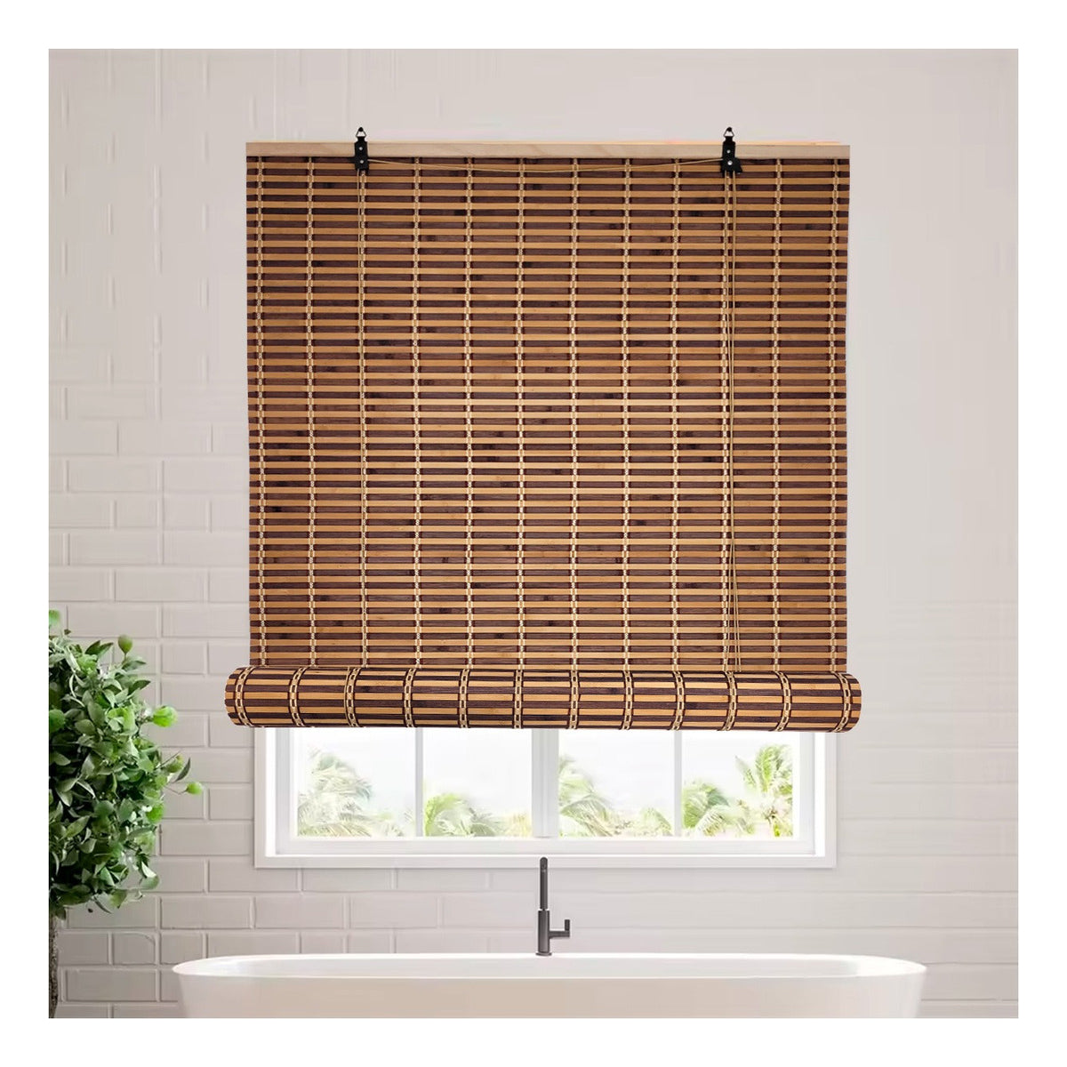 Cortina De Bambú Persiana Roller Bicolor 90x180cm Con Diseños